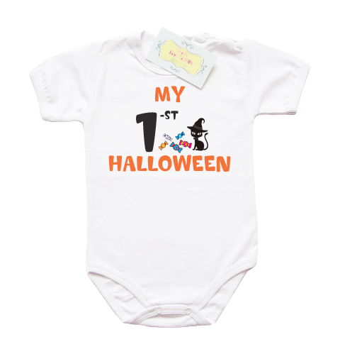 Хелоуин бебешко боди с надпис "My first Halloween" с коте